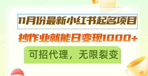 11月份最新小红书起名项目，抄作业就能日变现1000+，可招代理，无限裂变 - 开始创业网