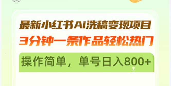 最新小红书Ai洗稿变现项目 3分钟一条作品轻松热门 操作简单，单号日入800+ - 开始创业网